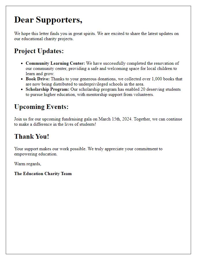 Letter template of educational charity project developments news