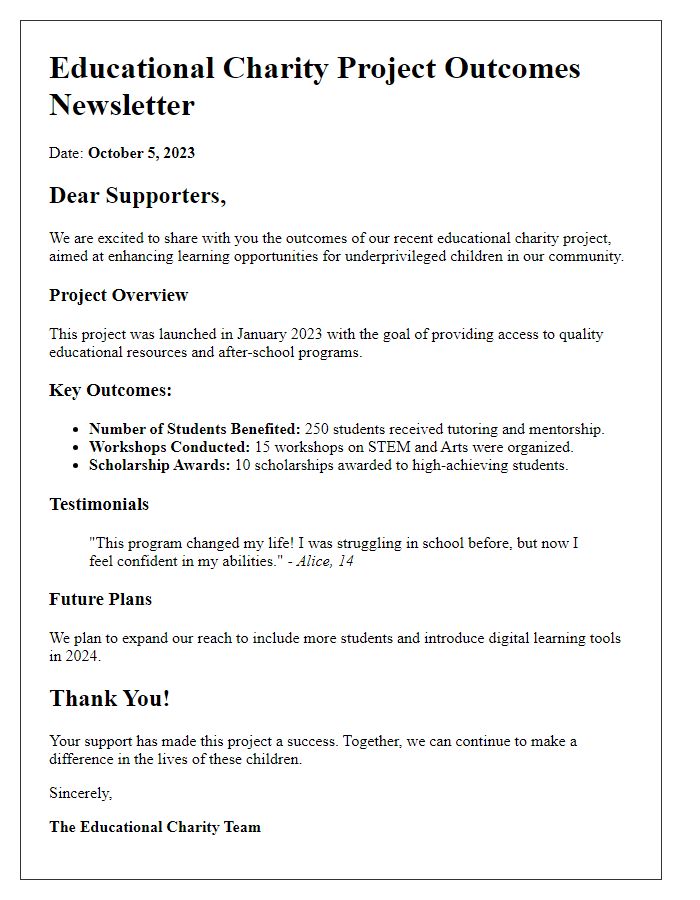 Letter template of educational charity project outcomes newsletter