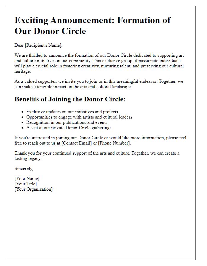 Letter template of donor circle formation announcement for art and culture initiatives.