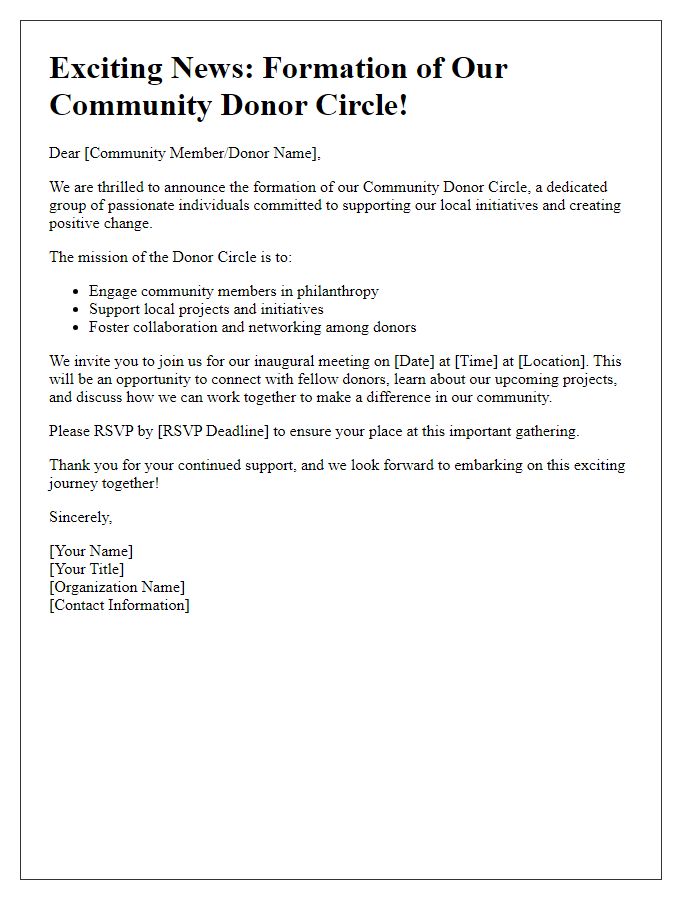 Letter template of donor circle formation announcement for community engagement.