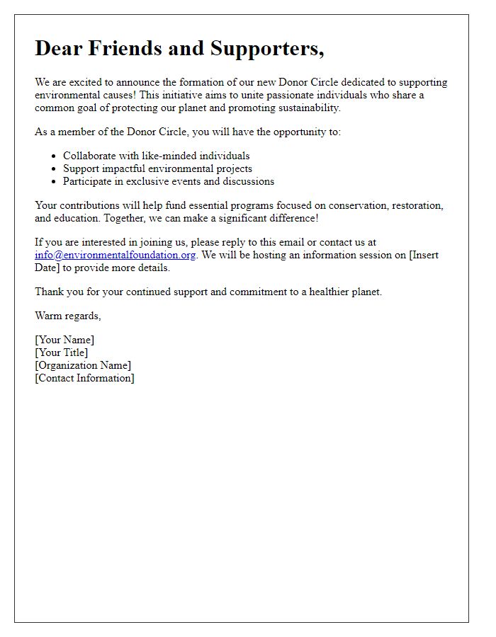 Letter template of donor circle formation announcement for environmental causes.