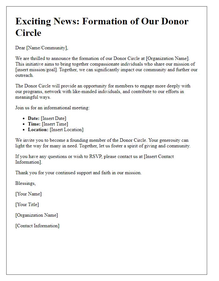 Letter template of donor circle formation announcement for faith-based organizations.