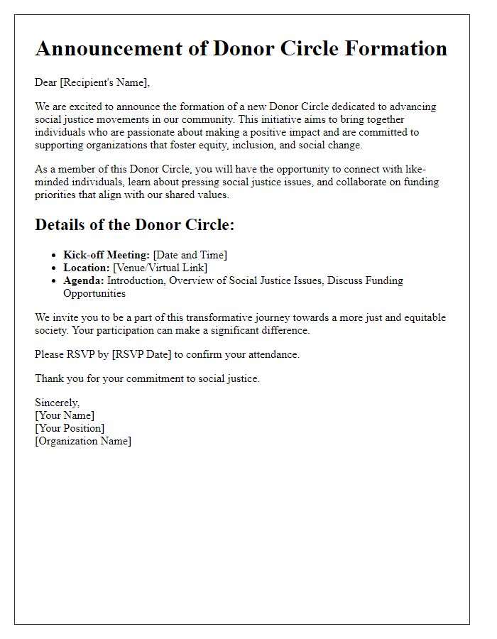 Letter template of donor circle formation announcement for social justice movements.