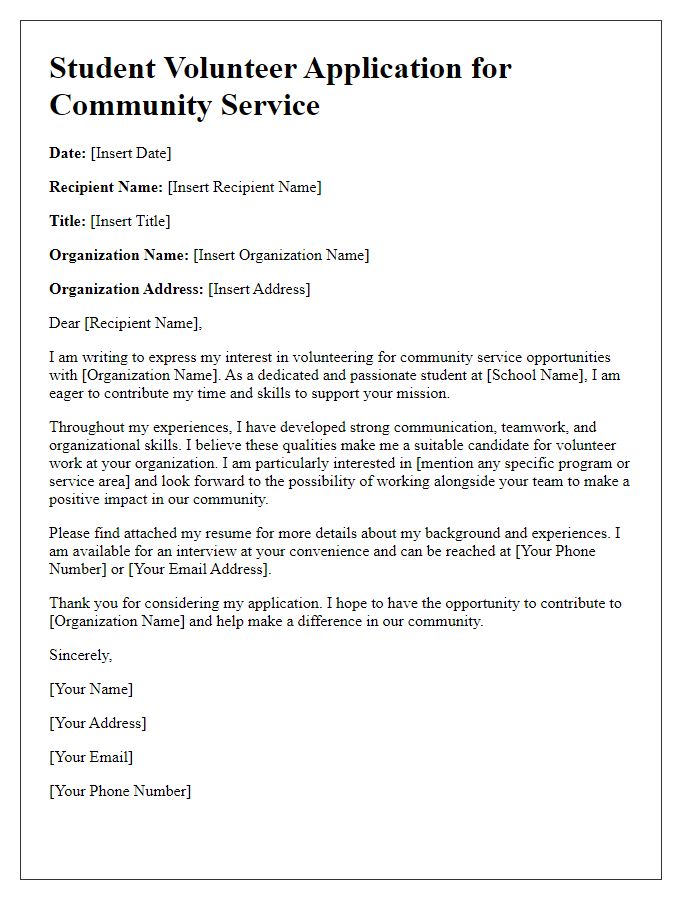 Letter template of student volunteer application for community service.