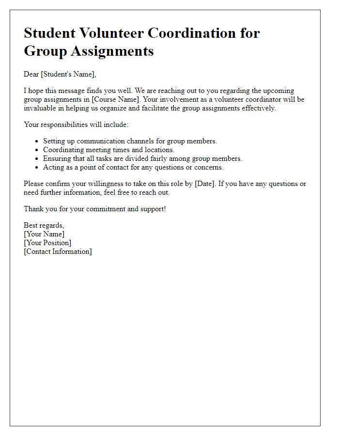 Letter template of student volunteer coordination for group assignments.