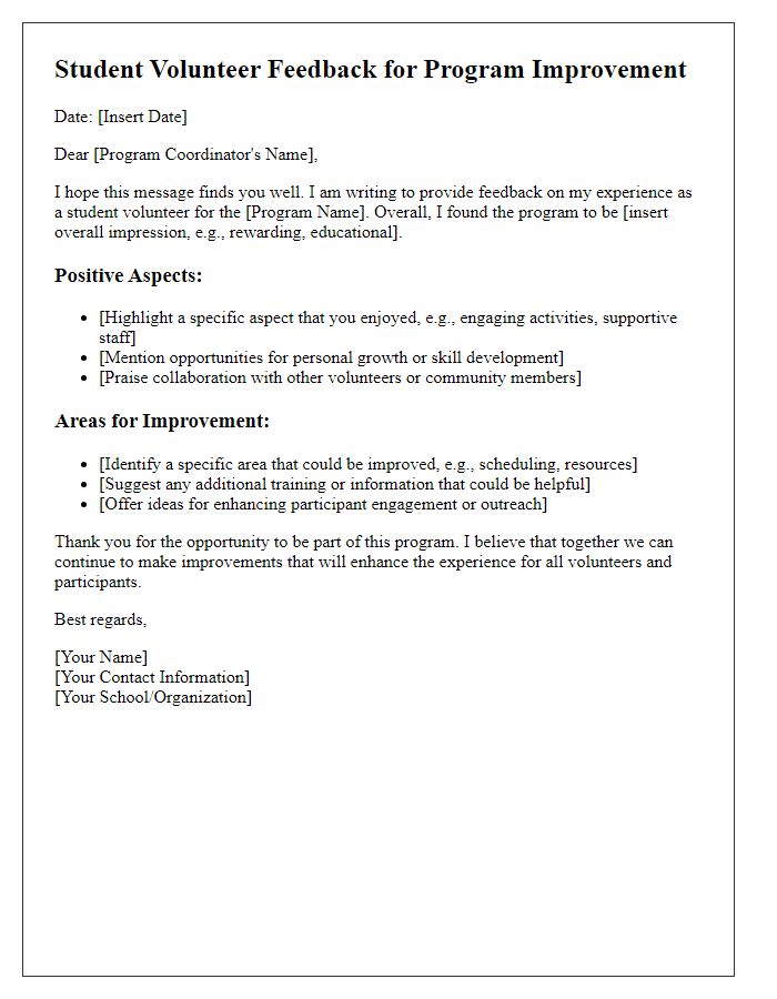 Letter template of student volunteer feedback for program improvement.