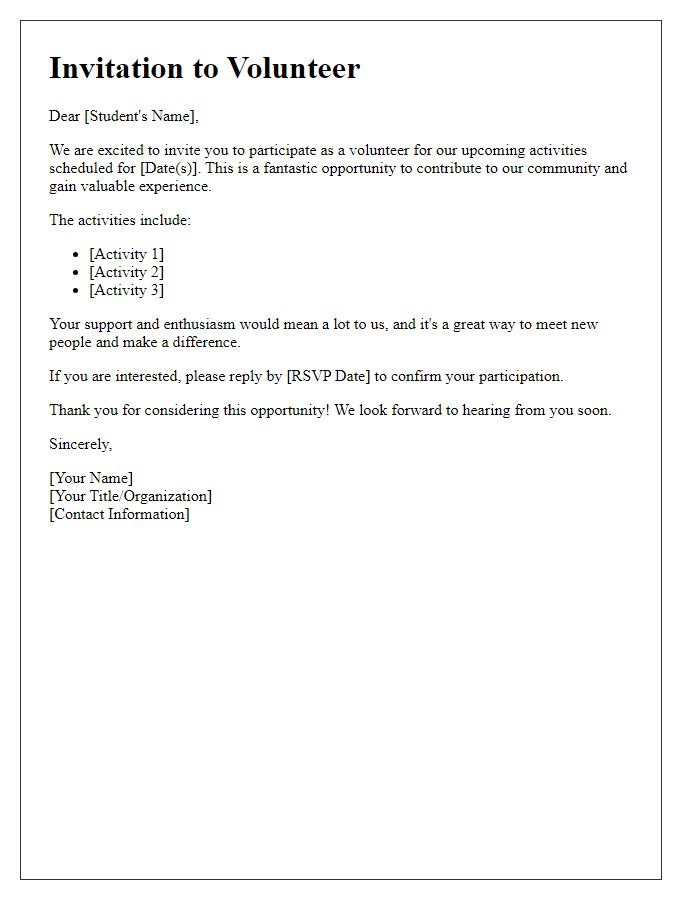 Letter template of student volunteer invitation for upcoming activities.