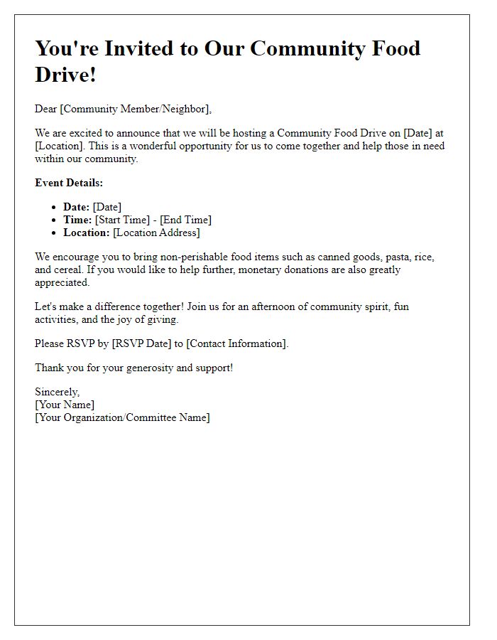 Letter template of community food drive invitation