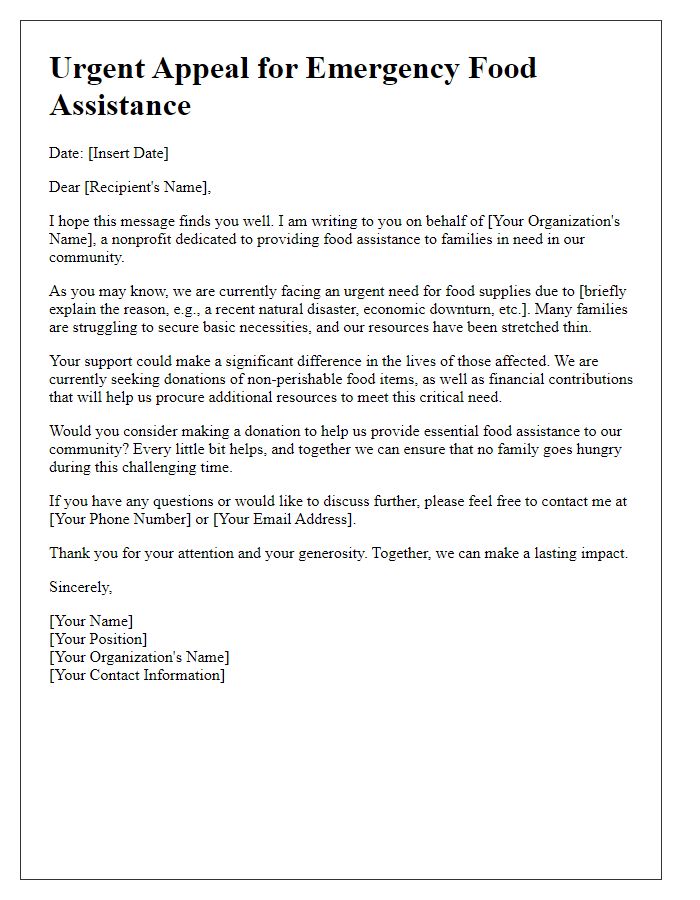 Letter template of emergency food assistance appeal