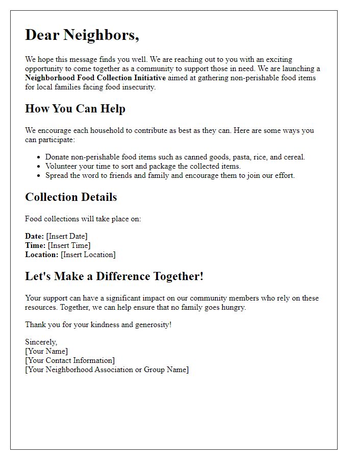 Letter template of neighborhood food collection initiative