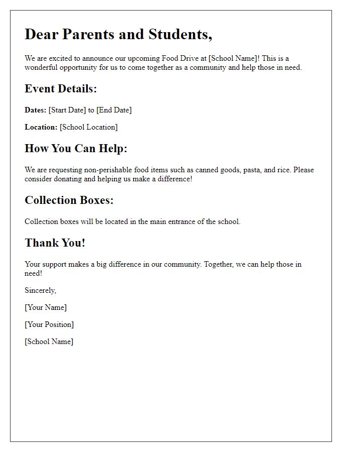 Letter template of school food drive announcement