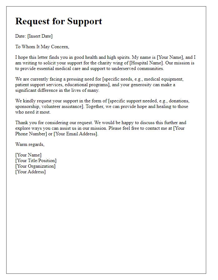 Letter template of request for support to hospital charity wing.