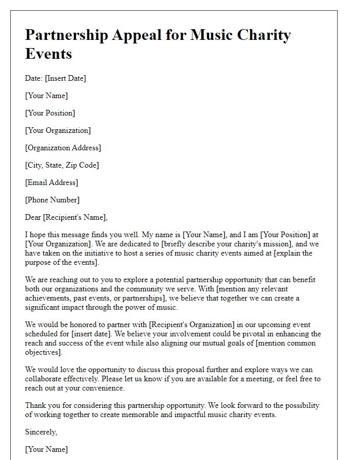 Letter template of appeal for partnership in music charity events