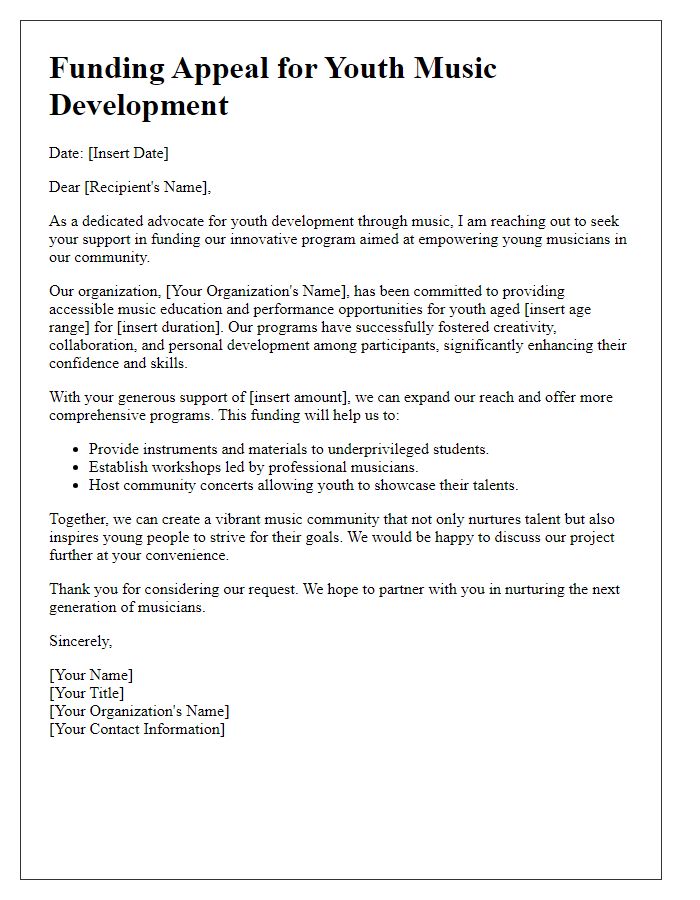 Letter template of funding appeal for youth music development