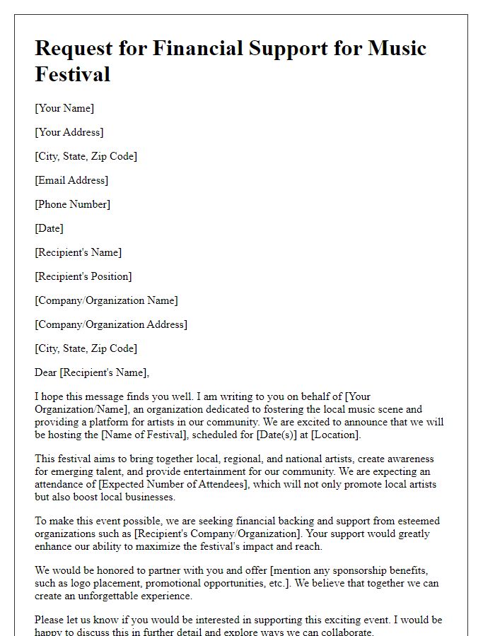 Letter template of request for financial backing for music festivals