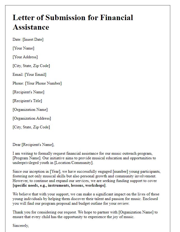 Letter template of submission for financial assistance in music outreach