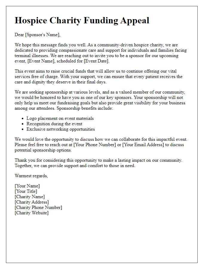 Letter template of hospice charity funding appeal for event sponsorship.