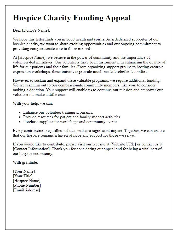 Letter template of hospice charity funding appeal for volunteer-led initiatives.