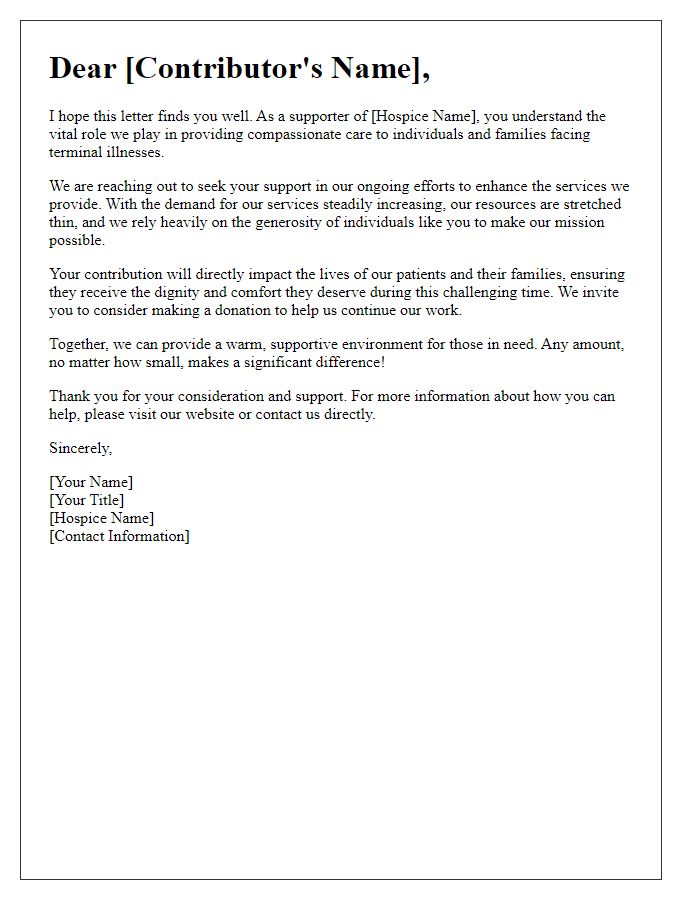 Letter template of hospice charity funding plea for individual contributors.