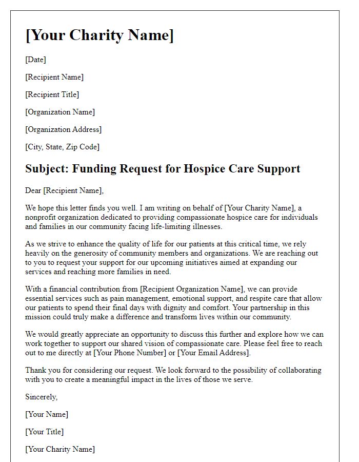 Letter template of hospice charity funding request for community support.