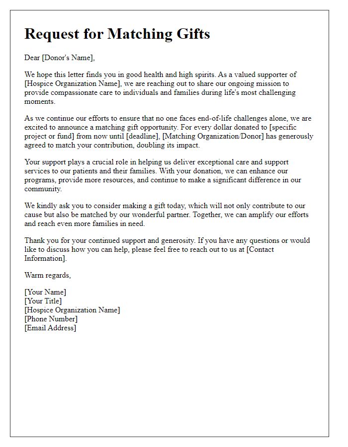 Letter template of hospice charity funding request for matching gifts.