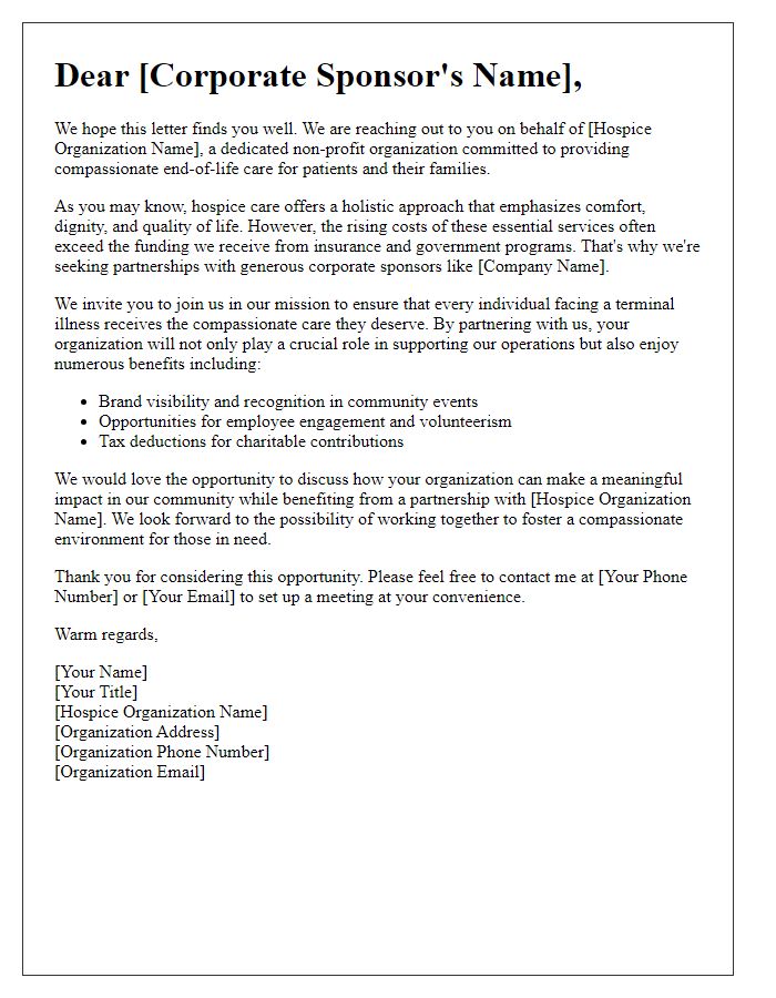 Letter template of hospice charity funding solicitation for corporate sponsors.