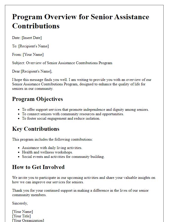 Letter template of program overview for senior assistance contributions