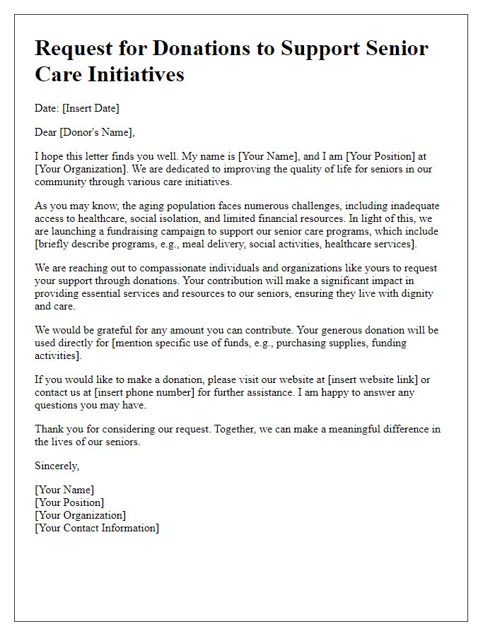 Letter template of request for donations to senior care initiatives