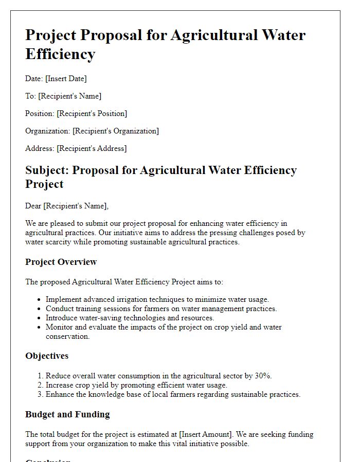 Letter template of agricultural water efficiency project proposal