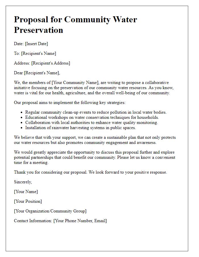 Letter template of community water preservation proposal