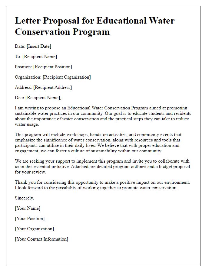 Letter template of educational water conservation program proposal