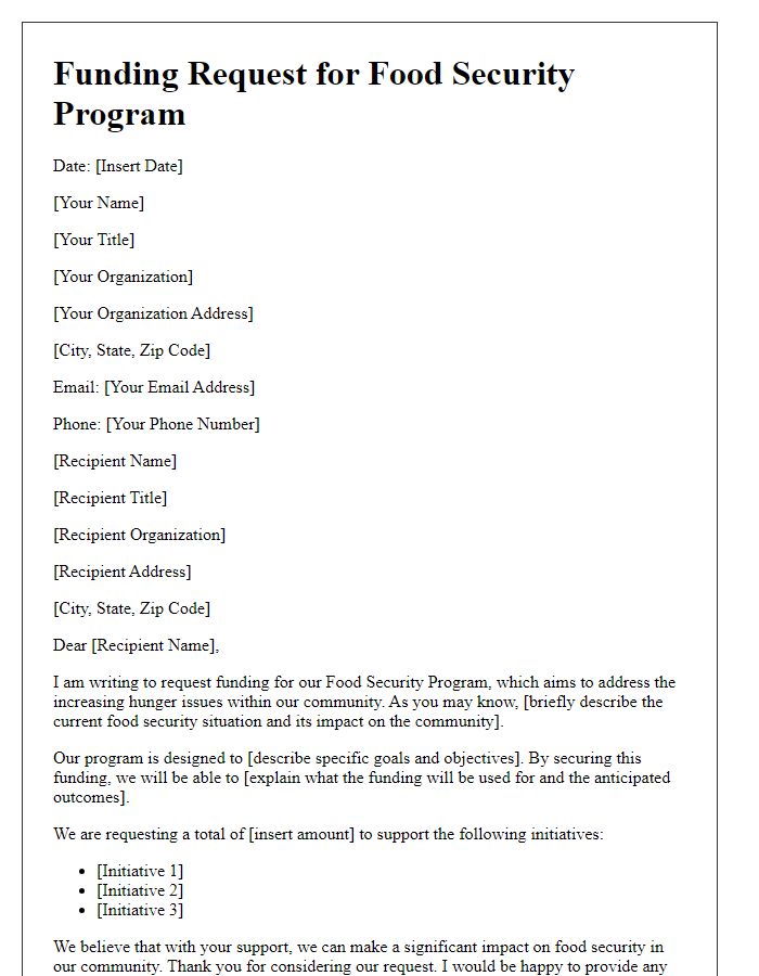 Letter template of food security program funding request