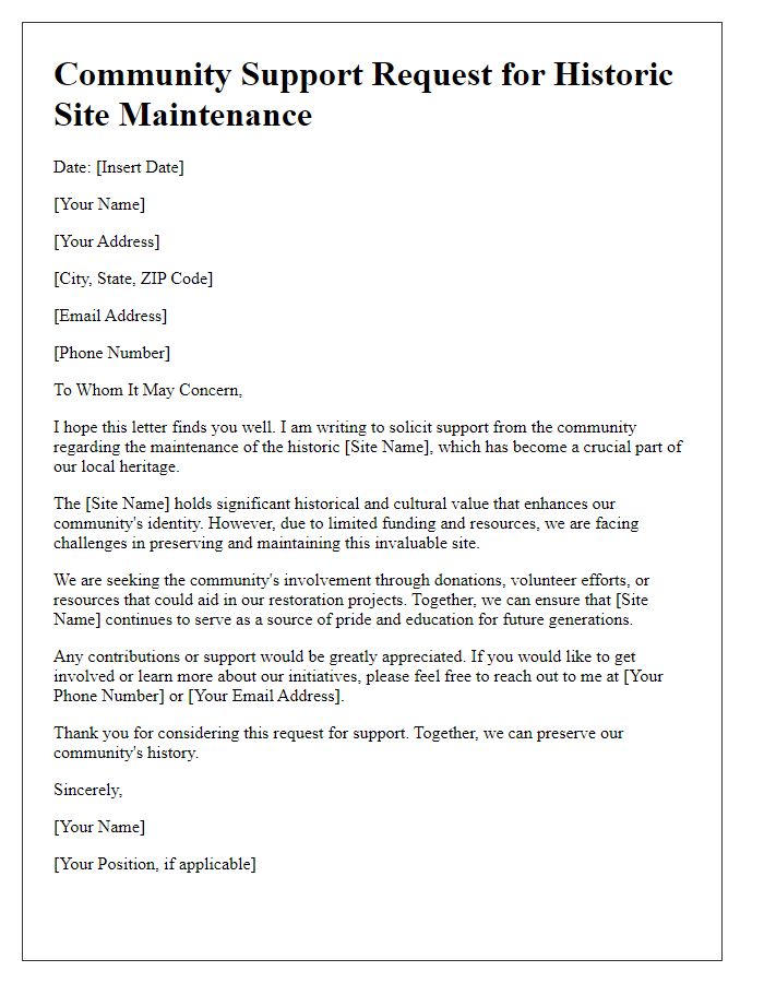 Letter template of community support request for historic site maintenance