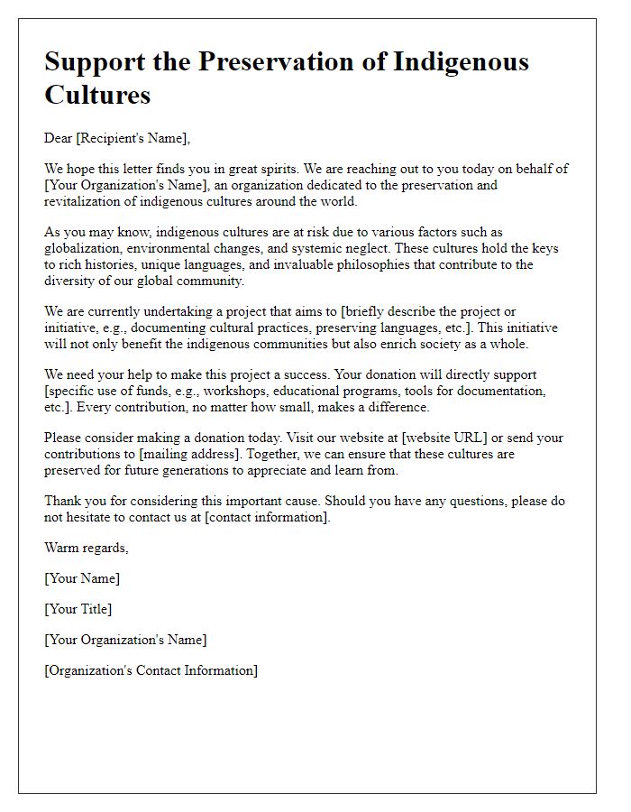 Letter template of donation appeal for indigenous culture preservation