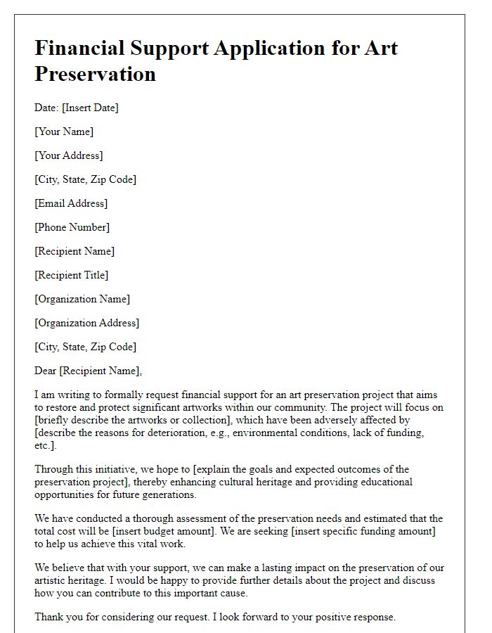 Letter template of financial support application for art preservation