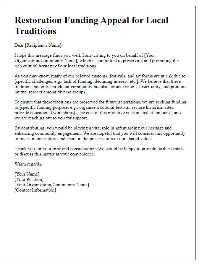 Letter template of restoration funding appeal for local traditions