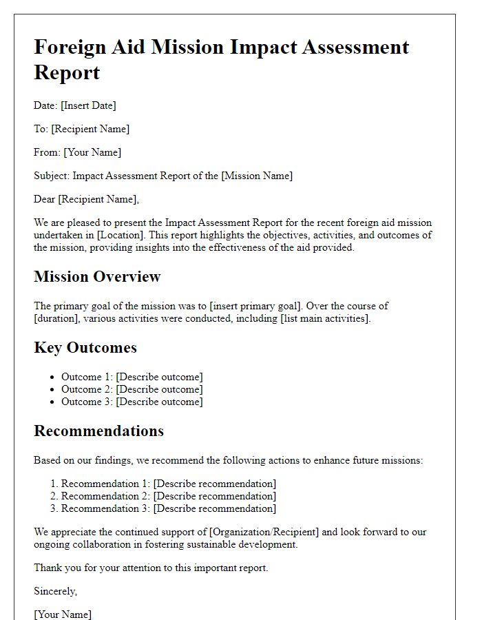 Letter template of foreign aid mission impact assessment report.