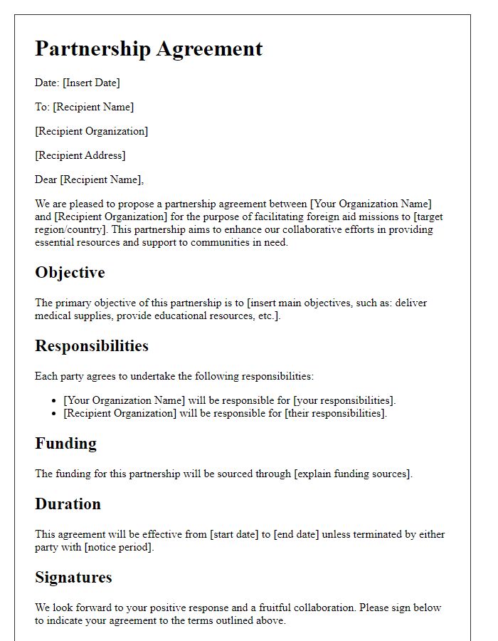 Letter template of foreign aid mission partnership agreement.