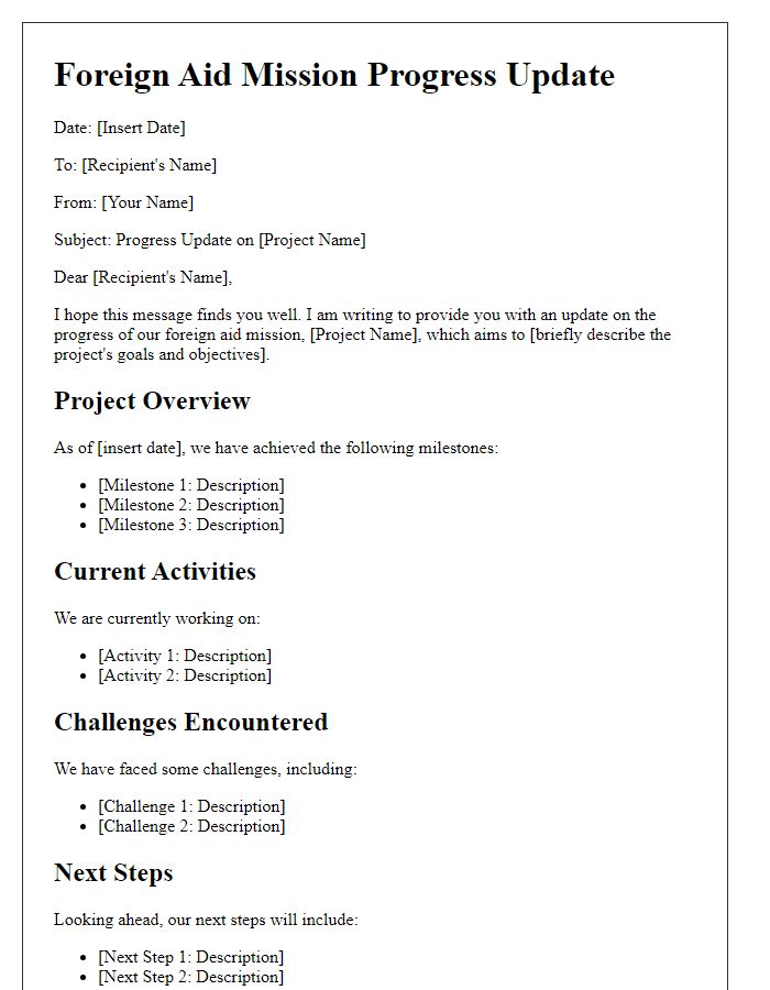 Letter template of foreign aid mission progress update.