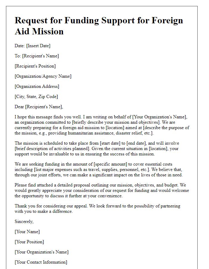 Letter template of foreign aid mission request for funding support.