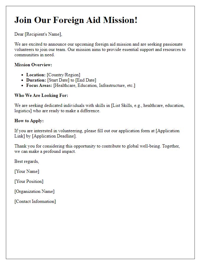 Letter template of foreign aid mission volunteer recruitment.