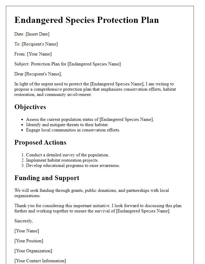 Letter template of endangered species protection plan