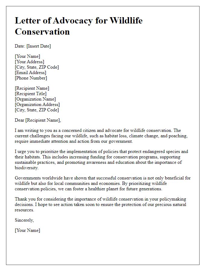 Letter template of governmental policy advocacy for wildlife conservation