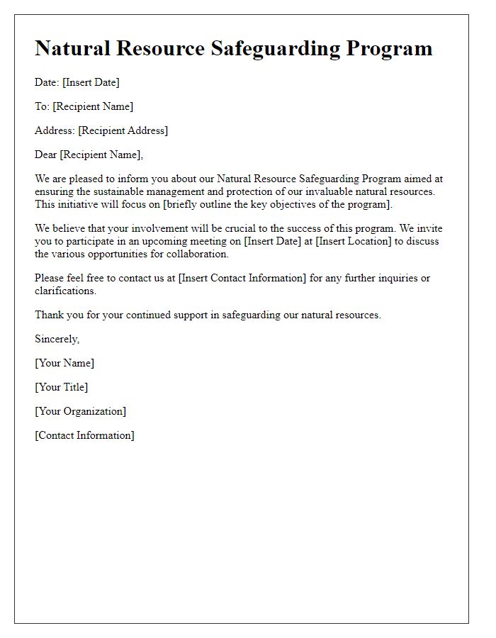 Letter template of natural resource safeguarding program