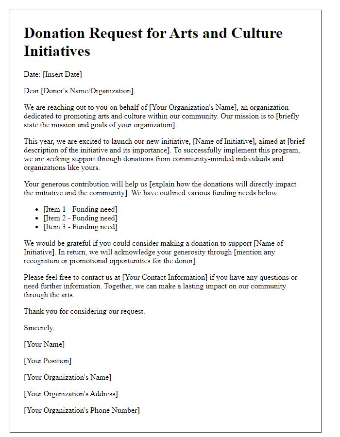 Letter template of Community Service Donation Request for Arts and Culture Initiatives