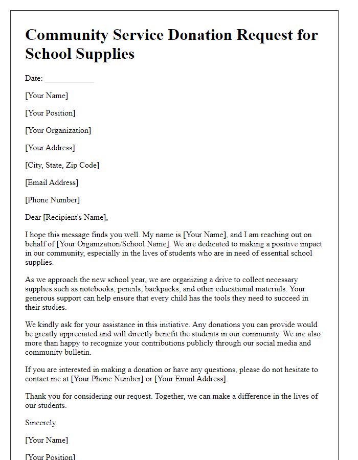 Letter template of Community Service Donation Request for School Supplies