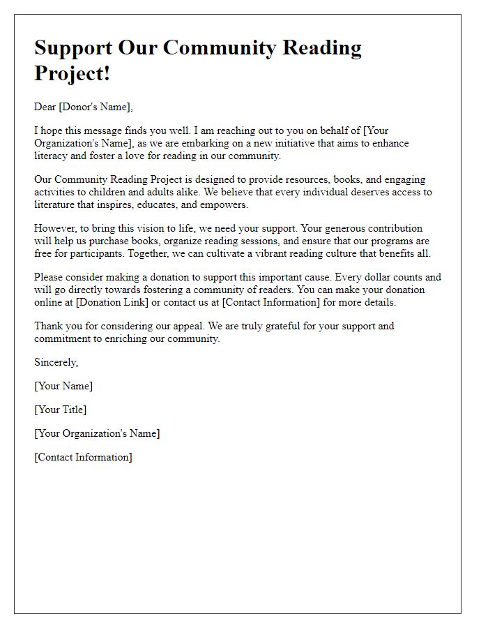 Letter template of donor appeal for community reading project