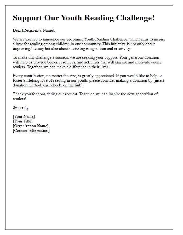 Letter template of fundraising letter for youth reading challenge