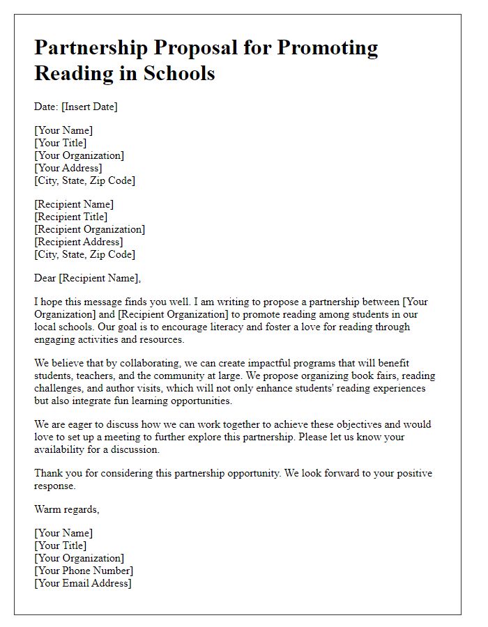 Letter template of partnership proposal for promoting reading in schools