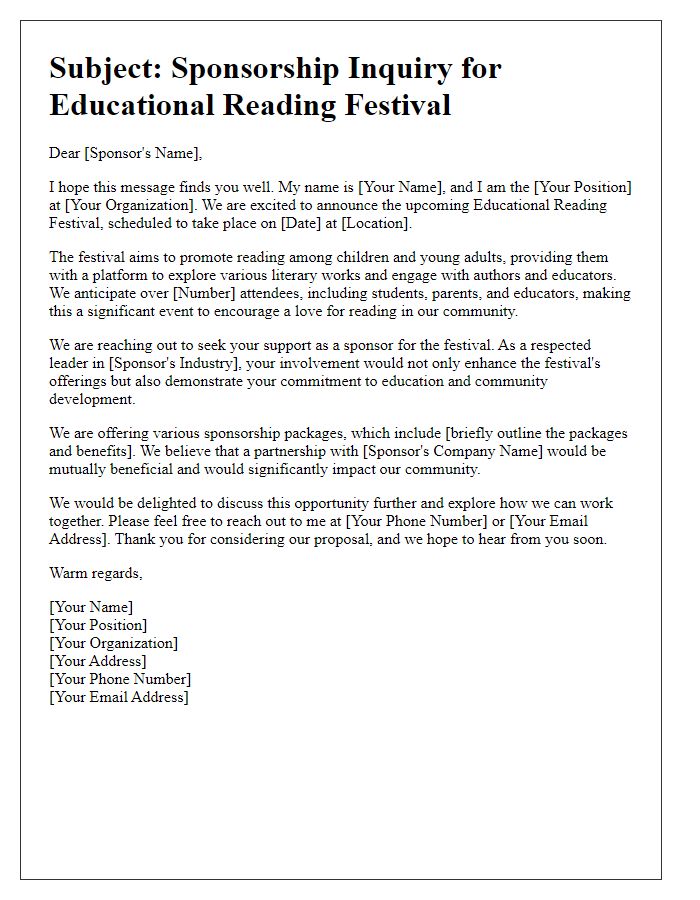 Letter template of sponsorship inquiry for educational reading festival